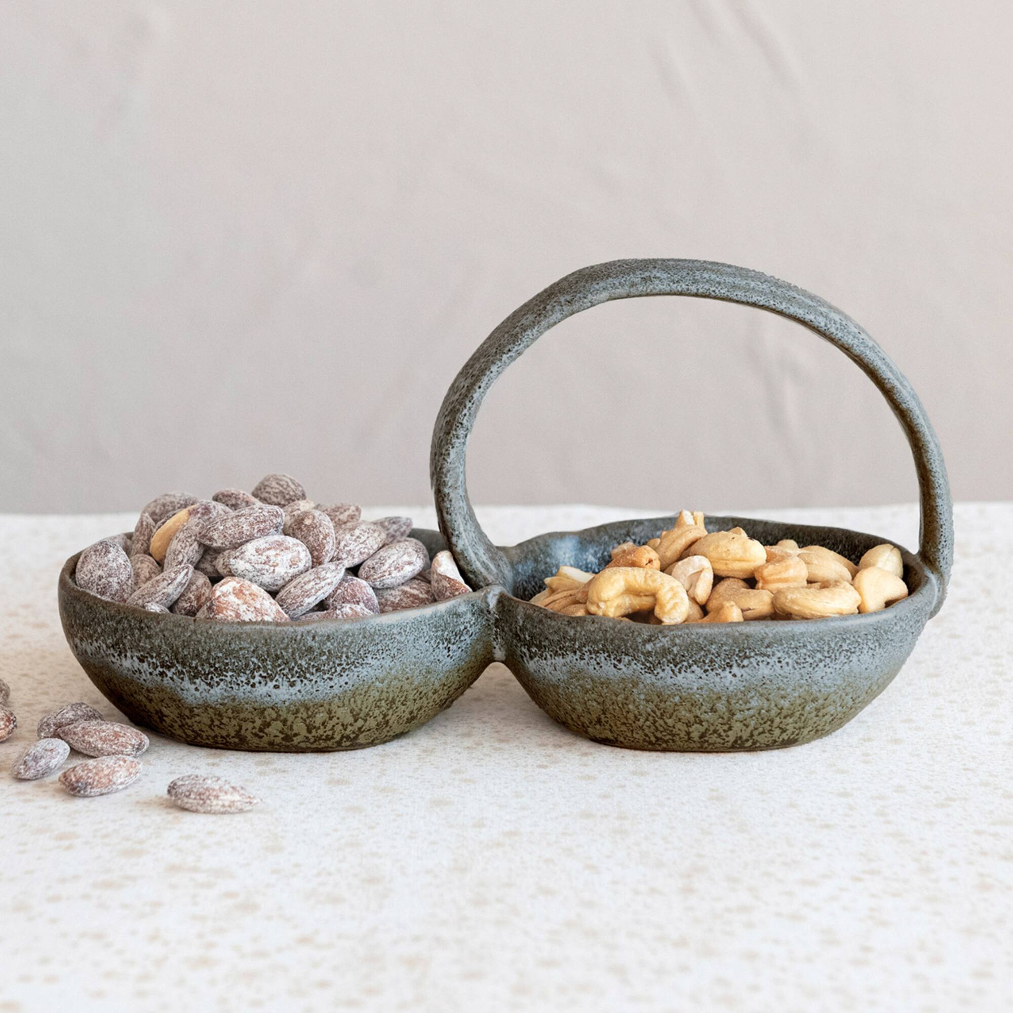 Hello Honey® 8.5" Gray Stoneware Double Bowl with Handle